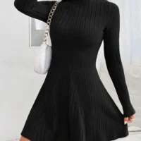 Women’s Long Sleeve Fitted Dress with Flared Skirt and High Neck