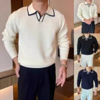 Men's Knit Polo – Long Sleeve, Contrast Collar, Breathable Slim Fit | SIVER