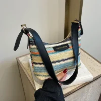 Women Handbag – Woven Straw Shoulder Bag with Zipper Closure | SIVER