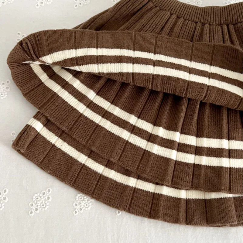 Conjunto de ropa de suéter para niñas, abrigo de punto a rayas con una hilera de botones y falda, traje de 2 uds para niñas de 2 a 6 años, otoño e invierno, 2024 - Image 6