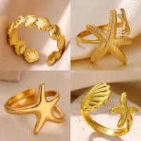 Starfish Open Ring for Women, Adjustable Gold Stainless Steel Fashion Jewelry