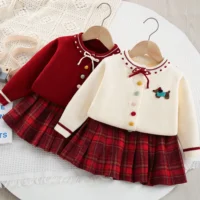 LILIGIRL Kids Autumn Sweater Set – Colorful Button Knit Top + Plaid Skirt