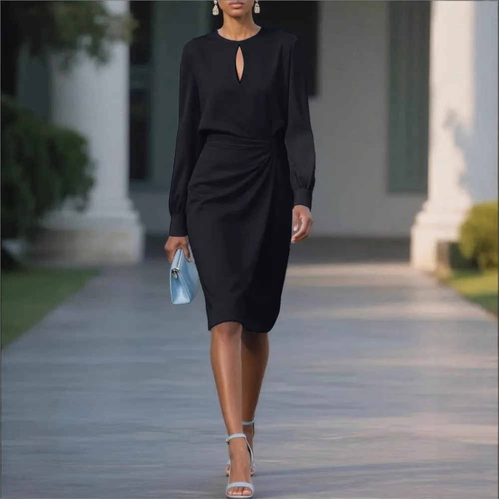 Women’s Office Knee-Length Dress – Pleated Fit with Sheer Accents | SIVER - Image 2