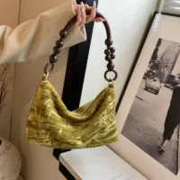 Women Handbag – Cotton Shoulder Bag with Beaded Handle and Zipper Closure | SIVER