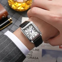 Men’s Roman Numeral Quartz Watch – Rectangular Dial with Leather Strap | SIVER