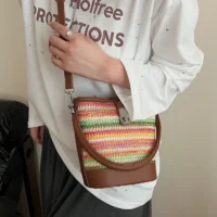 Women Handbag – Small Straw Cube Bag with Zipper Closure | SIVER