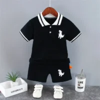 Boys’ Summer Animal Print Set – Short Sleeve Polo & Shorts | SIVER