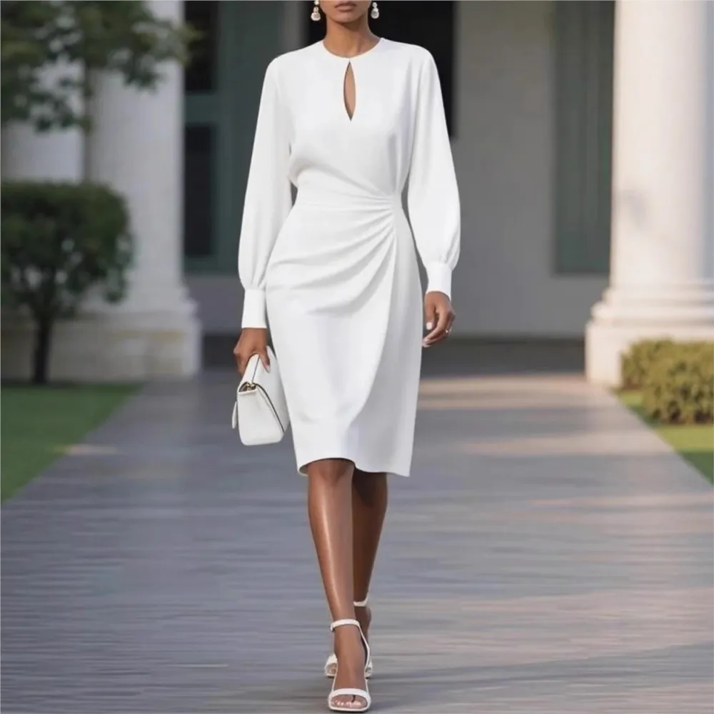 Women’s Office Knee-Length Dress – Pleated Fit with Sheer Accents | SIVER - Image 4