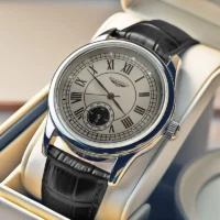 Men’s Roman Numeral Quartz Watch – Round Dial with Leather Strap | SIVER