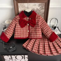 Girls’ Winter Boutique Outfit – Red Plaid Bow Coat