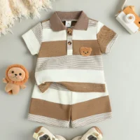 Toddler Boys’ Striped Spring Set – Short Sleeve Pullover & Elastic Shorts | SIVER