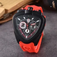 Men’s Triangular Quartz Watch – Red Rubber Strap & Automatic Date | SIVER