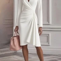 Women’s Elegant V-Neck Midi Dress – Draped A-Line Fit | SIVER