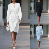 Women’s Office Knee-Length Dress – Pleated Fit with Sheer Accents | SIVER