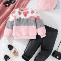 Black Fleece Leather Pants with Matching Top and Pink Warm Hat