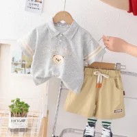 Toddler Cartoon Outfit – Short Sleeve Polo & Elastic Shorts Set | SIVER