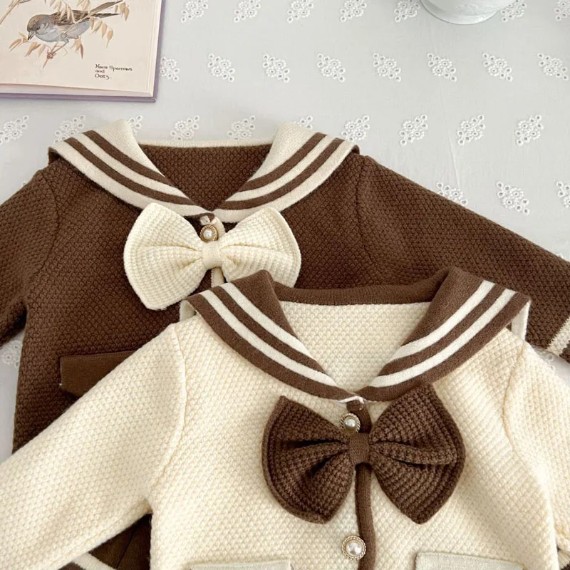 Conjunto de ropa de suéter para niñas, abrigo de punto a rayas con una hilera de botones y falda, traje de 2 uds para niñas de 2 a 6 años, otoño e invierno, 2024 - Image 5