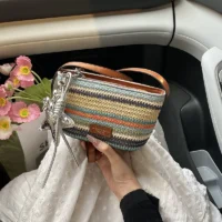 Women Handbag – Soft Straw Cube Bag with Zipper Closure | SIVER