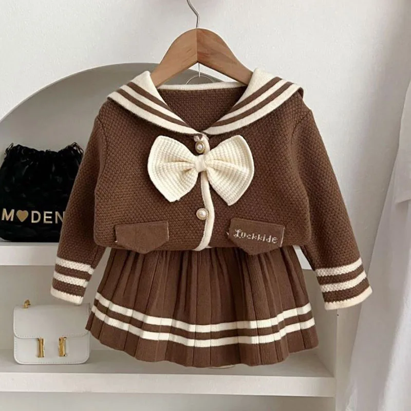 Conjunto de ropa de suéter para niñas, abrigo de punto a rayas con una hilera de botones y falda, traje de 2 uds para niñas de 2 a 6 años, otoño e invierno, 2024 - Image 3