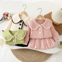 “Girls’ Autumn/Winter Knit Outfit – Floral Button Cardigan