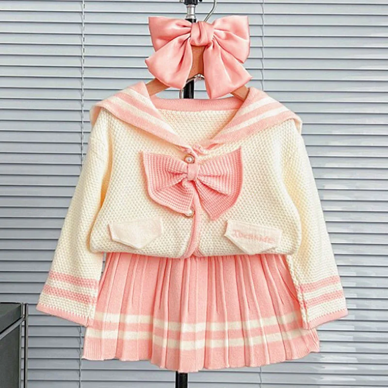 Conjunto de ropa de suéter para niñas, abrigo de punto a rayas con una hilera de botones y falda, traje de 2 uds para niñas de 2 a 6 años, otoño e invierno, 2024 - Image 4