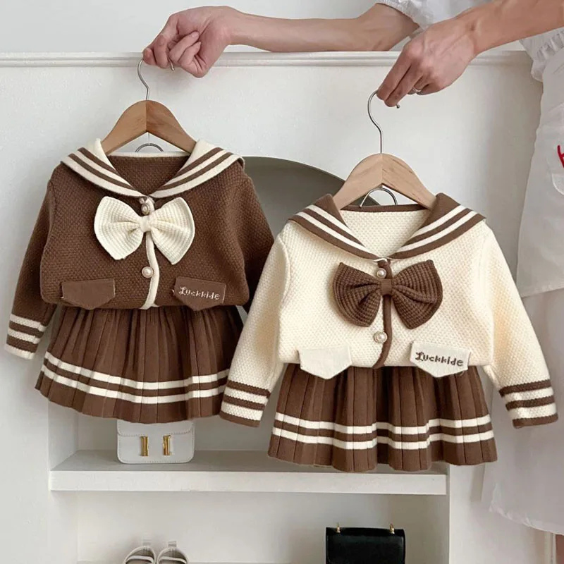 Conjunto de ropa de suéter para niñas, abrigo de punto a rayas con una hilera de botones y falda, traje de 2 uds para niñas de 2 a 6 años, otoño e invierno, 2024