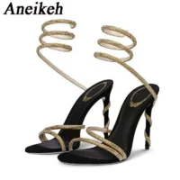 Aneikeh Luxury Crystal Snake-Wrap Gladiator Sandals for Women
